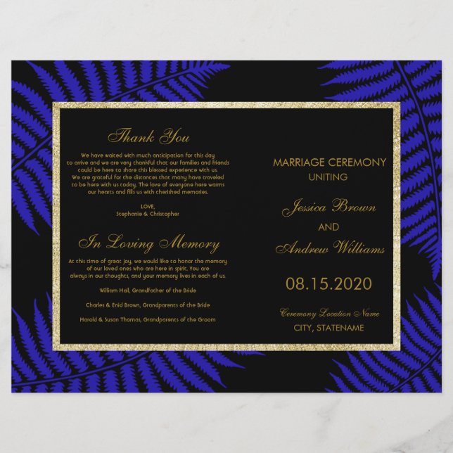Beautiful Blue Leaf Bracken Wedding Program (Front)