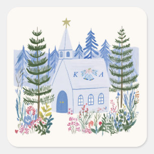 Beautiful Blue Monogram Wedding Chapel Square Sticker