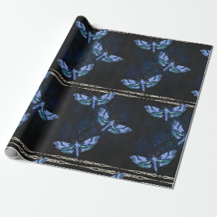 Beautiful blue moth on black with blue grunge back wrapping paper