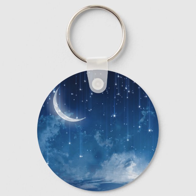 Beautiful blue night sky & crescent moon key ring (Front)