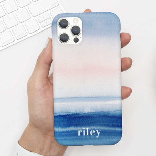 Beautiful Blue Ocean Beach Sky Watercolor + Name Case-Mate iPhone Case