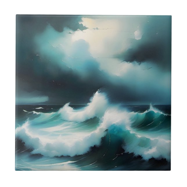 Beautiful Blue Ocean waves painting Ceramic Tile (Front)