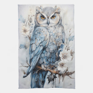 Beautiful Blue Owl On A Branch Christmas Tea Towel