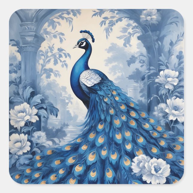 Beautiful blue peacock square sticker (Front)