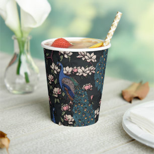 Beautiful Blue Peacocks & Magnolia Flowers Black Paper Cups