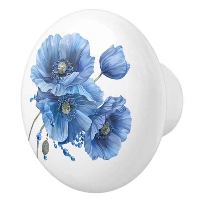 Beautiful Blue Poppies and Stones Ceramic Knob (Right)
