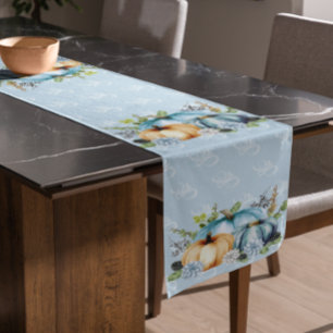 Beautiful Blue Pumpkin Autumn Watercolor Fall Short Table Runner