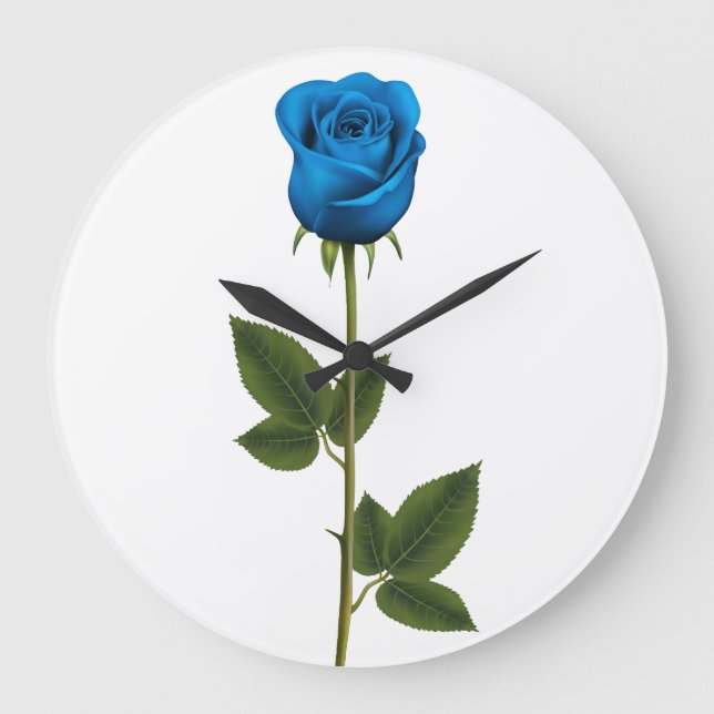 Beautiful Blue Rose with Stem and Leaves Large Clock (Front)