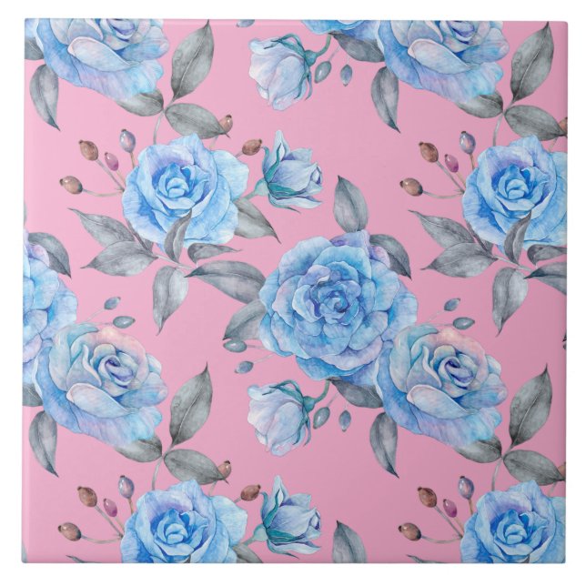 Beautiful blue roses, pastel pink background, ceramic tile (Front)