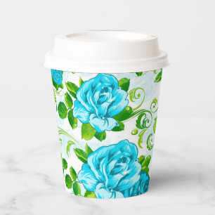 Beautiful Blue Roses With Green Leafs Paper Cup