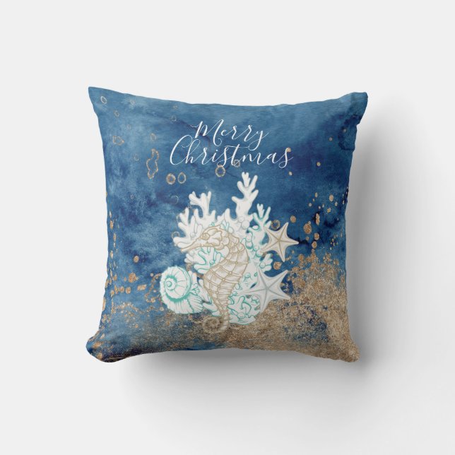 Beautiful blue sand colour coastal custom Christma Cushion (Front)