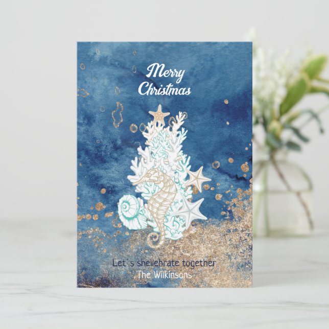 Beautiful blue sand colour coastal custom Christma Holiday Card (Standing Front)