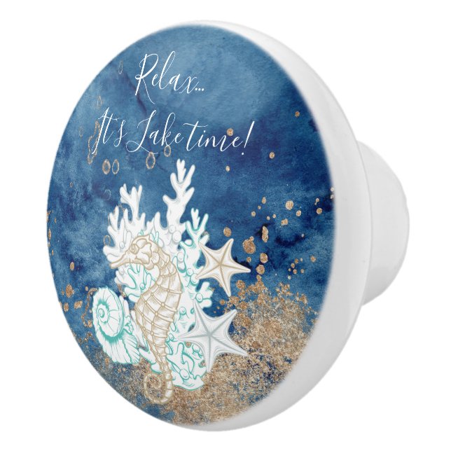 Beautiful blue sand colour coastal custom text ceramic knob (Right)