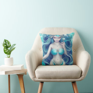 Beautiful Blue Seashell Mermaid Graphic Cushion
