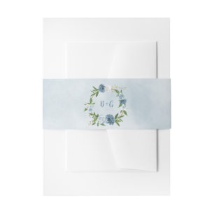 beautiful blue shades flowers greenery wedding invitation belly band