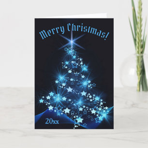 Beautiful Blue Shinning Stars on Christmas Tree Holiday Card