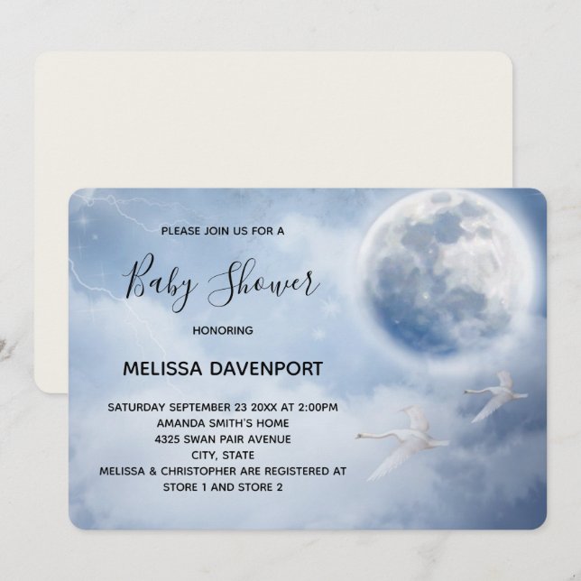 Beautiful Blue Sky with Flying Swans Baby Shower Invitation (Front/Back)