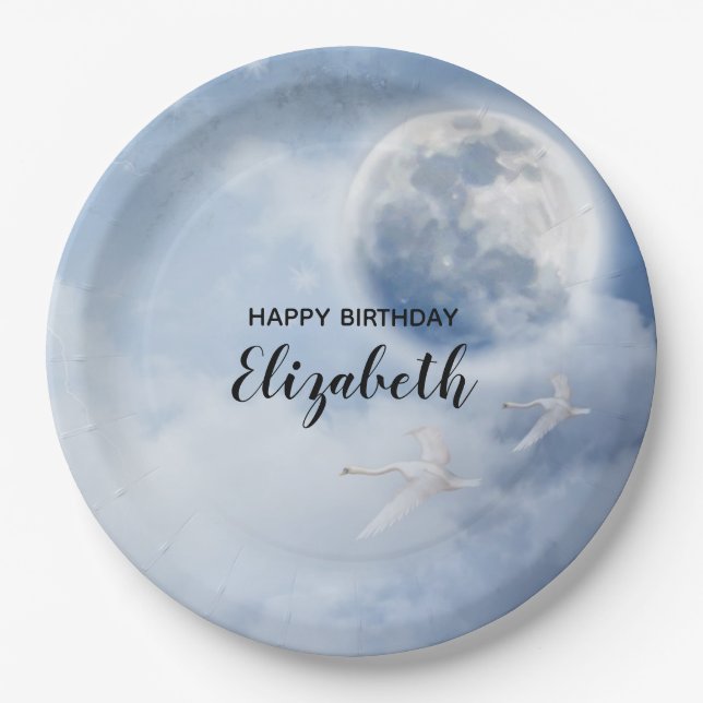 Beautiful Blue Sky with Flying Swans Birthday Paper Plate (Front)