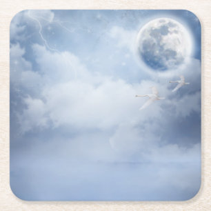 Beautiful Blue Sky with Flying Swans Square Paper Coaster