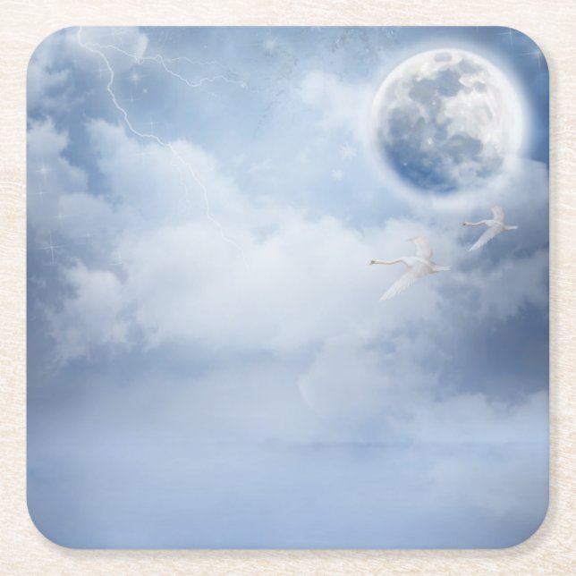 Beautiful Blue Sky with Flying Swans Square Paper Coaster (Front)
