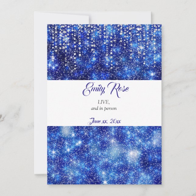 Beautiful, Blue Sparkle Glitter, Bat Mitzvah Invitation (Front)