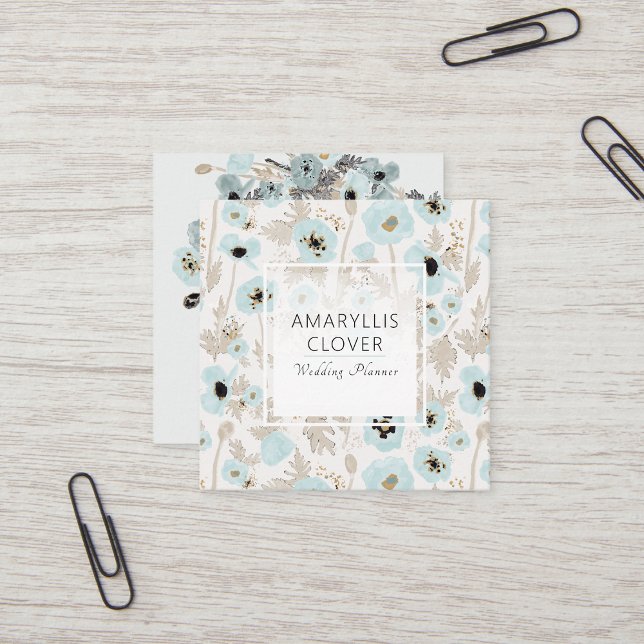 Beautiful Blue Taupe Cream Black Poppies Floral  Square Business Card (Beautiful Blue Taupe Cream Black Poppies Floral Square Business Card from Studio Posies. )