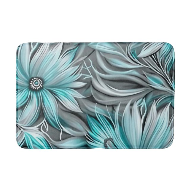 Beautiful Blue Teal Floral Print Bath Mat (Front)