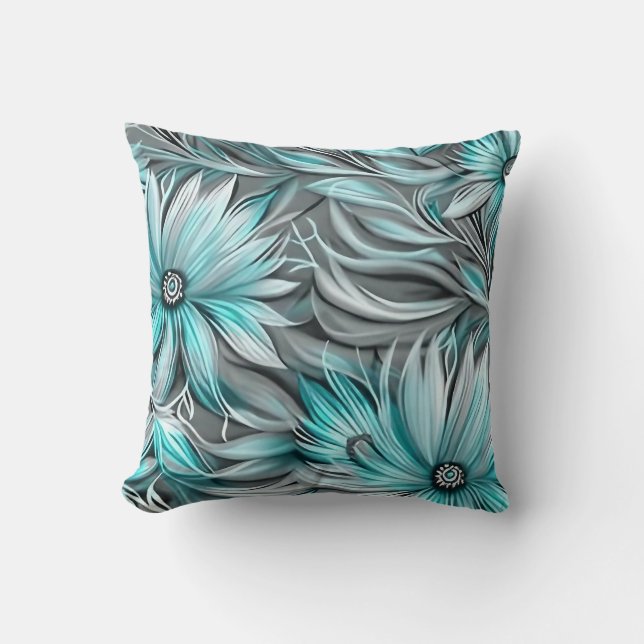 Beautiful Blue Teal Floral Print Cushion (Front)