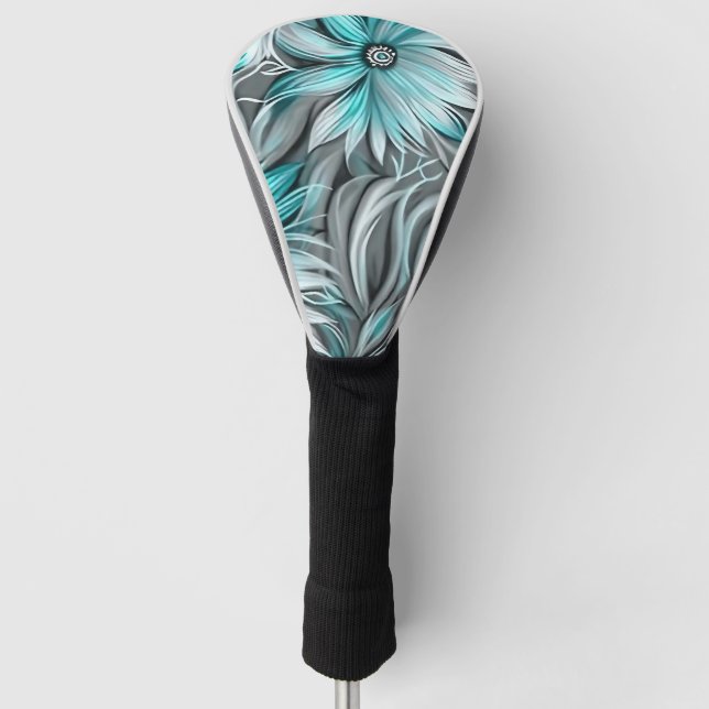 Beautiful Blue Teal Floral Print Golf Head Cover (Front)