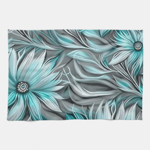 Beautiful Blue Teal Floral Print Tea Towel
