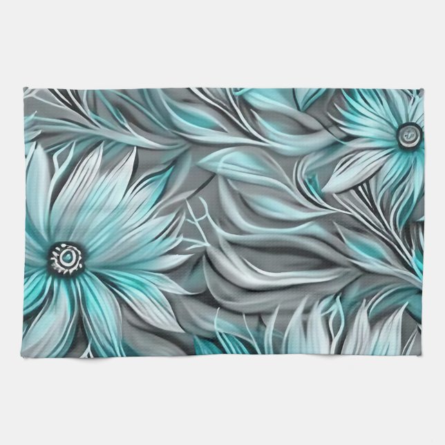 Beautiful Blue Teal Floral Print Tea Towel (Horizontal)