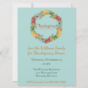 Beautiful Blue Thanksgiving Dinner Invitation