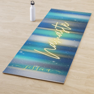 Beautiful Blue Turquoise Gold Namaste Custom Name Yoga Mat