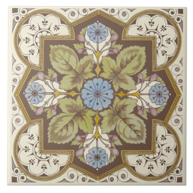Beautiful Blue Victorian Floral Reproduction Tile (Front)