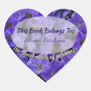 Beautiful Blue Violet Petunia Flowers Bookplate Heart Sticker