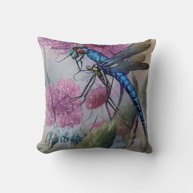 Beautiful Blue Watercolor Dragonfly, Personalise  Cushion (Front)