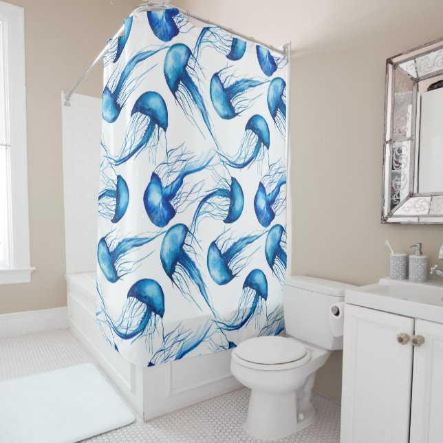 Beautiful Blue Watercolor Jellyfish Shower Curtain (In Situ)