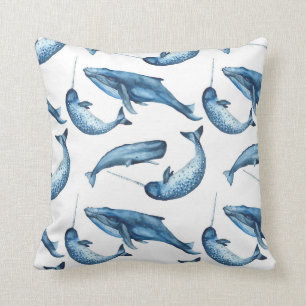 Beautiful Blue Whales and Narwhals   Throw Pillow