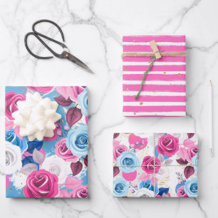 Beautiful Blue White and Pink Floral Stripe Mix Wrapping Paper Sheet