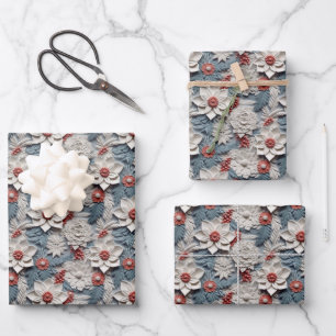 Beautiful Blue White and Red 3D  Poinsettia Wrapping Paper Sheet