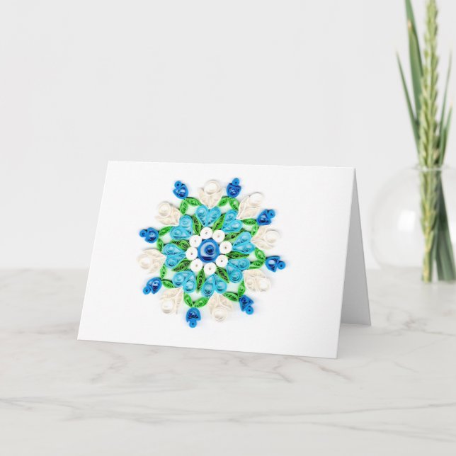 Beautiful Blue White Green Quilled Flower Design Card (Front)