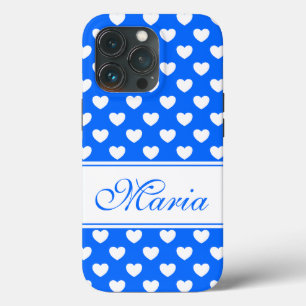 Beautiful Blue White Hearts Pattern And Your Name iPhone 13 Pro Case