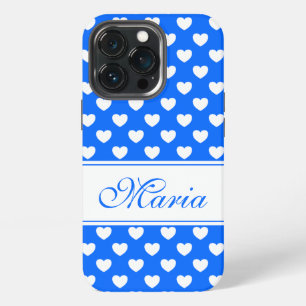 Beautiful Blue White Hearts Pattern And Your Name  iPhone 13 Pro Case