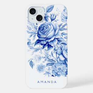 Beautiful Blue/White Personalised Roses iPhone 15 Plus Case