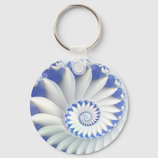 Beautiful Blue & White Sea Shell Fine Fractal Art Key Ring (Front)