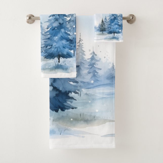 Beautiful Blue Winter Woods Scene Bath Towel Set (Insitu)