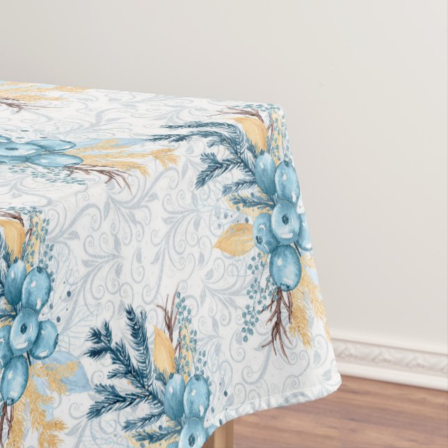 Beautiful Blue Winterberries Grey Filigree  Tablecloth (In Situ)