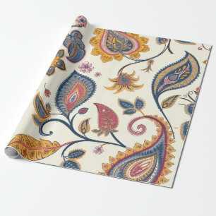 Beautiful Blue Yellow Floral Paisley Pattern Wrapping Paper
