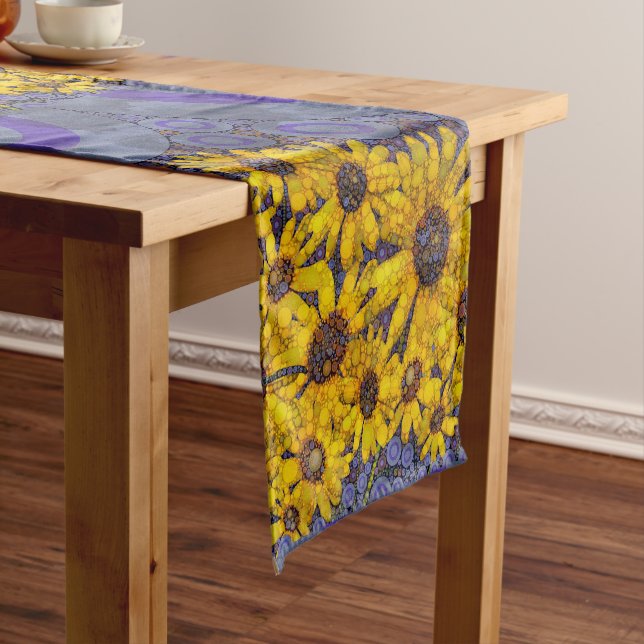 Beautiful Blue Yellow Sunflowers Abstract Short Table Runner (In Situ)