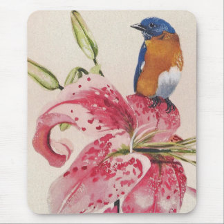 beautiful bluebird on a stargazer lily. mouse pad